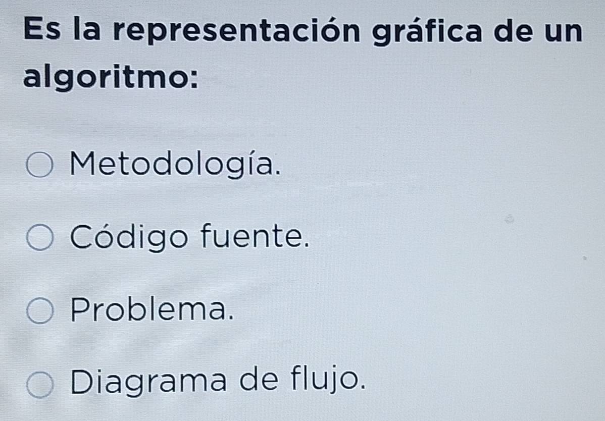 Es la representación gráfica de un
algoritmo:
Metodología.
Código fuente.
Problema.
Diagrama de flujo.