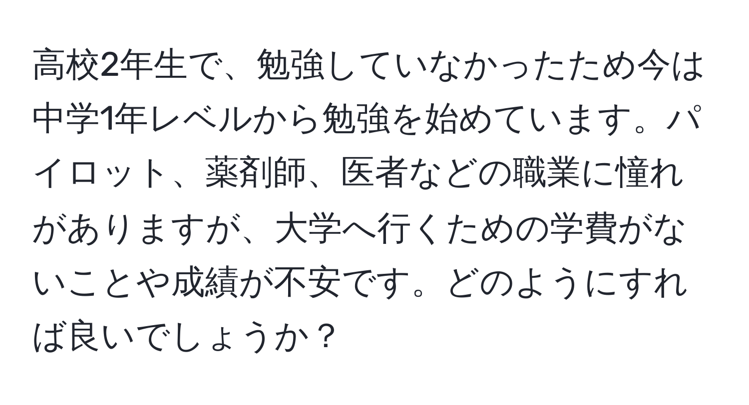 高校2年生で、勉強していなかったため今は中学1年レベルから勉強を始めています。パイロット、薬剤師、医者などの職業に憧れがありますが、大学へ行くための学費がないことや成績が不安です。どのようにすれば良いでしょうか？