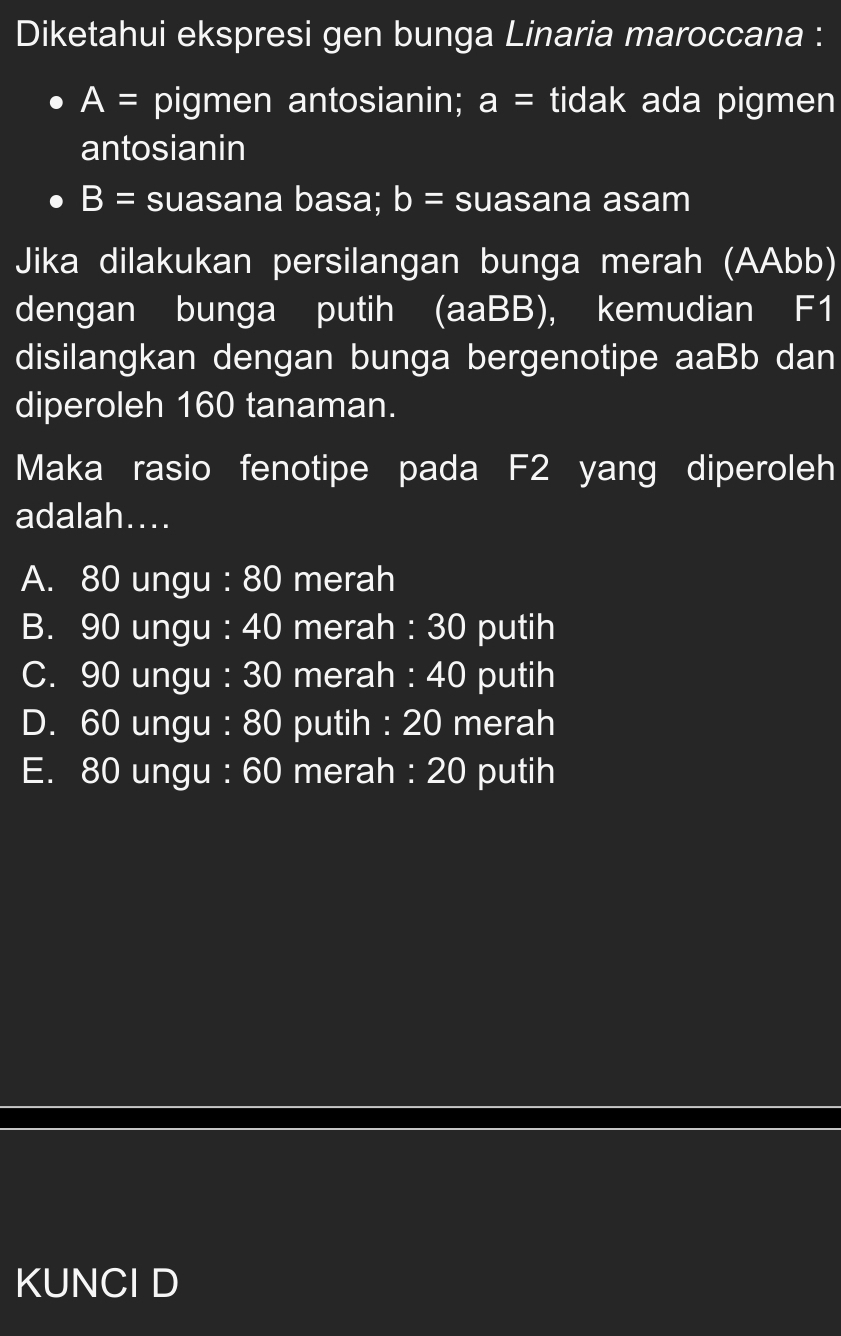 Diketahui ekspresi gen bunga Linaria maroccana :
A= pigmen antosianin; a= tidak ada pigmen
antosianin
B= suasana basa; b= suasana asam
Jika dilakukan persilangan bunga merah (AAbb)
dengan bunga putih (aaBB), kemudian F1
disilangkan dengan bunga bergenotipe aaBb dan
diperoleh 160 tanaman.
Maka rasio fenotipe pada F2 yang diperoleh
adalah....
A. 80 ungu : 80 merah
B. 90 ungu : 40 merah : 30 putih
C. 90 ungu : 30 merah : 40 putih
D. 60 ungu : 80 putih : 20 merah
E. 80 ungu : 60 merah : 20 putih
KUNCI D