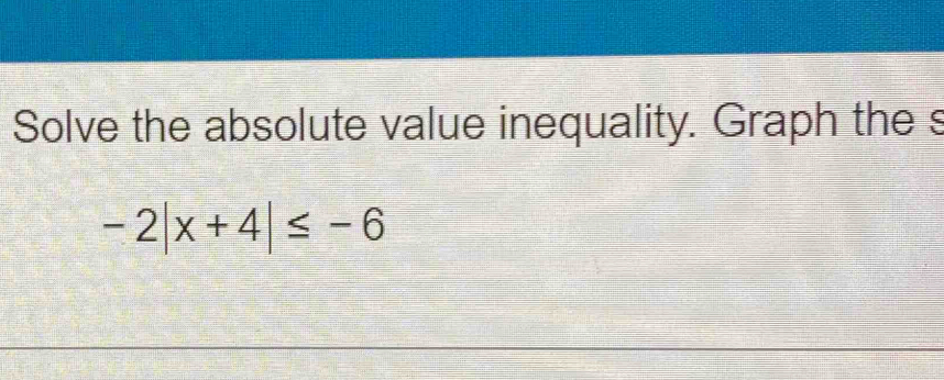 Solve the absolute value inequality. Graph the s
-2|x+4|≤ -6