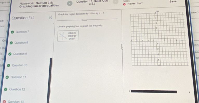 angés ma Homework: Section 3.5: Question 13, Quick Quiz points Save 
_ 
Graphing linear inequalities 3.5.3 
Points: () of 1 
_ 
Question list Graph the region described by -5x+4y>-1 need 
ed: 
ore: Use the graphing tool to graph the inequality 
Question 7 Click to 
_ 
enlarge 
graph 
Qu Question 8 
ion 
1 ( 
ion 
5 (1/ Question 9 
or 
(1/ 
Question 10 
Question 11 
I Question 12 
* Question 13