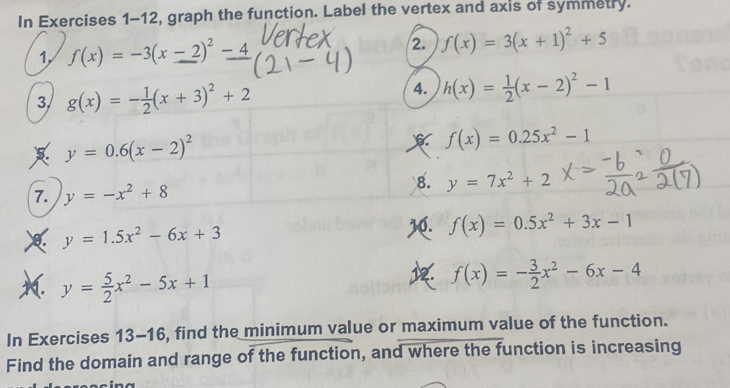 Solved: In Exercises 1-12, graph the function. Label the vertex and ...