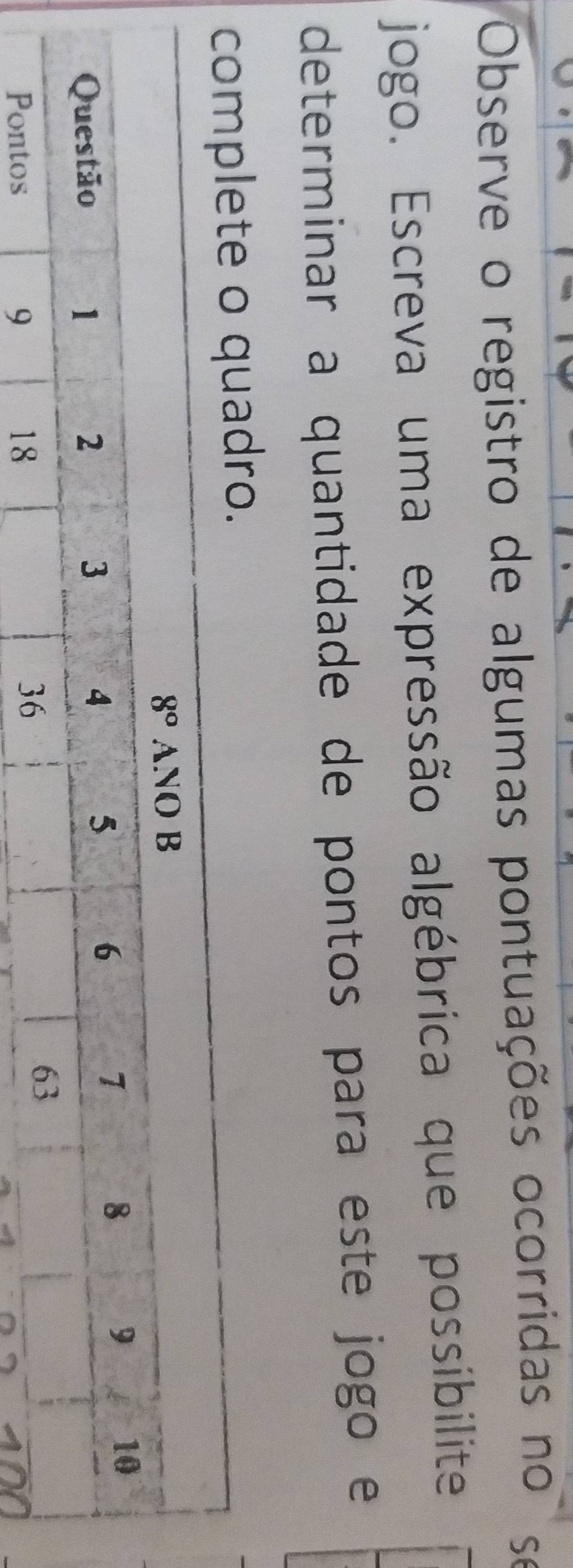 Observe o registro de algumas pontuações ocorridas no S
jogo. Escreva uma expressão algébrica que possibilite
determinar a quantidade de pontos para este jogo e
dro.