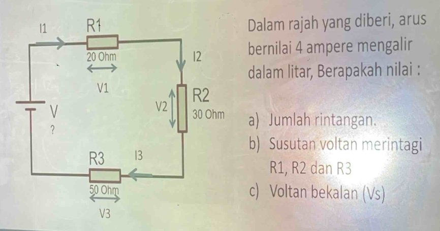 Dalam rajah yang diberi, arus 
bernilai 4 ampere mengalir 
dalam litar, Berapakah nilai : 
a) Jumlah rintangan. 
b) Susutan voltan merintagi
R1, R2 dan R3
c) Voltan bekalan (Vs)