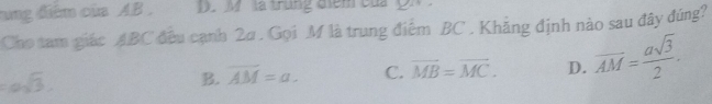 ung điểm của AB. D. M. là trung điểm của QN
Cho tam giác ABC đều cạnh 2α. Gọi M là trung điểm BC. Khẳng định nào sau đây đúng?
10sqrt(3).
B. overline AM=a. C. vector MB=vector MC. D. overline AM= asqrt(3)/2 .