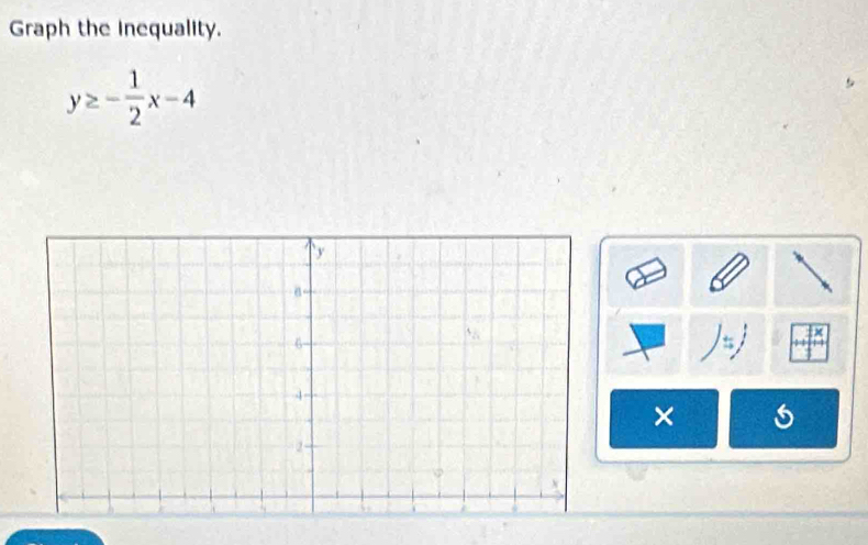 Graph the inequality.
y≥ - 1/2 x-4
* 
×