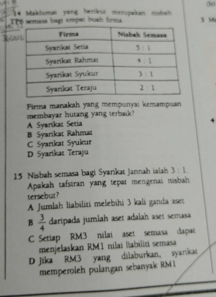 Maklumæt yang berikut merupakan nisbah
IP6 semasa bagi empat buah firma. 3 M
K
3a
Firma manakah yang mempunyai kemampuan
membayar hutang yang terbaik?
A Syarikat Setia
B Syarikat Rahmat
C Syarikat Syukur
D Syarikat Teraju
15 Nisbah semasa bagi Syarikat Jannah ialah 3:1.
Apakah tafsiran yang tepat mengenai nisbah
tersebut?
A Jumlah liabiliti melebihi 3 kali ganda aset
B  3/4  daripada jumlah aset adalah aset semasa
C Setiap RM3 nilai aset semasa dapat
menjelaskan RM1 nilai liabiliti semasa
D Jika RM3 yang dilaburkan, syarikat
memperoleh pulangan sebanyak RM1