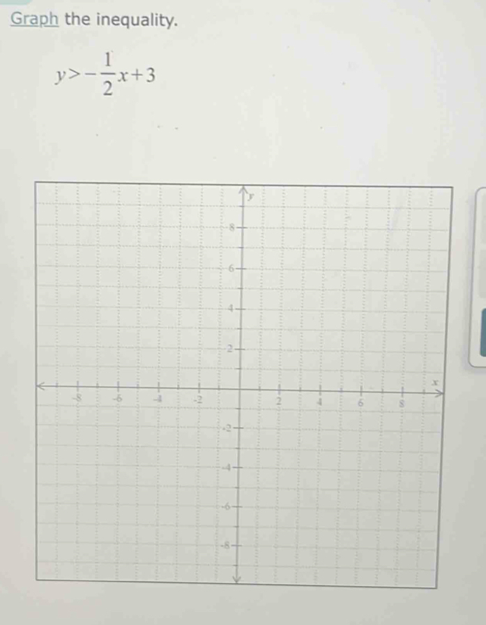 Graph the inequality.
y>- 1/2 x+3