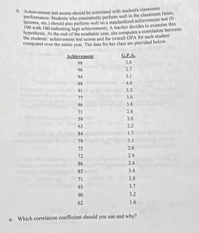 Achievement test scores should be correlated with student's classroom 
performance. Students who consistently perform well in the classroom (tests, 
quizzes, etc.) should also perform well on a standardized achievement test (0 -
100 with 100 indicating high achievement). A teacher decides to examine this 
hypothesis. At the end of the academic year, she computes a correlation between 
the students' achievement test scores and the overall GPA for each student 
computed over the entire year. The data for her class are provided below. 
a. Which correlation coefficient should you use and why?