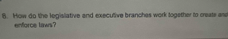 How do the legislative and executive branches work together to create and 
enforce laws?