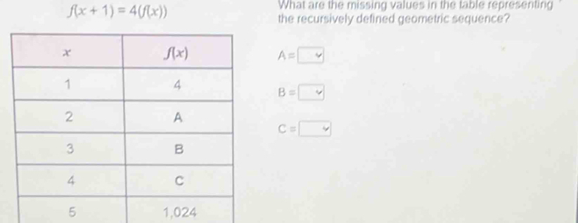 f(x+1)=4(f(x))
What are the missing values in the table representing
the recursively defined geometric sequence?
A=□
B=□
C=□
1,024