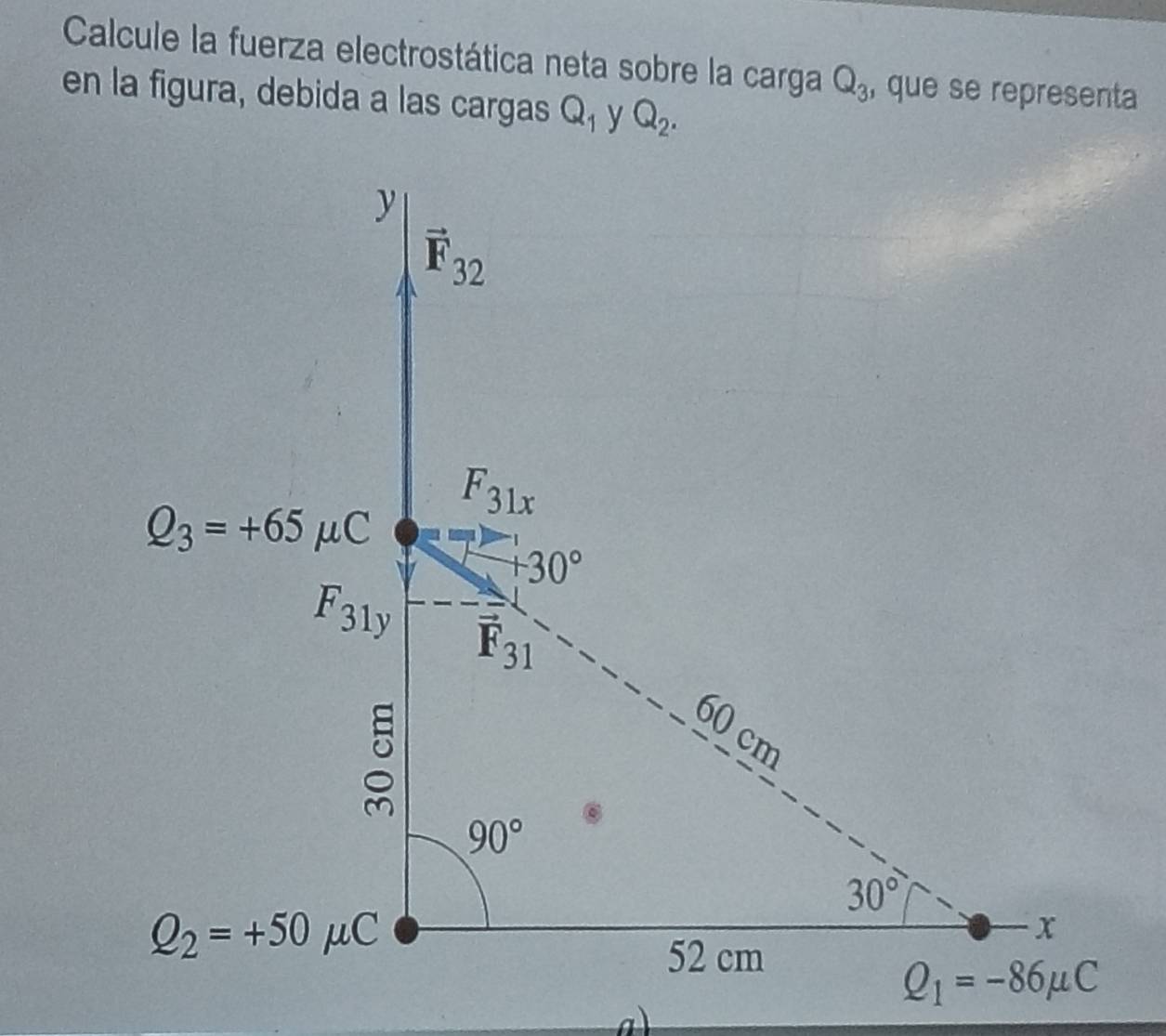 Calcule la fuerza electrostática neta sobre la carga Q_3 , que se representa
en la figura, debida a las cargas Q_1 y Q_2.