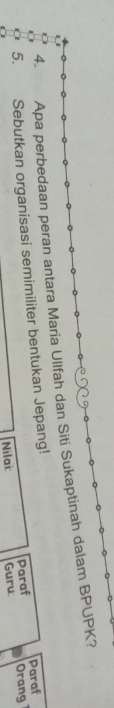 4.€£ Apa perbedaan peran antara Maria Ullfah dan Siti Sukaptinah dalam BPUPK? 
5. Sebutkan organisasi semimiliter bentukan Jepang! 
Paraf Paraf 
Nilai: Guru: Orang