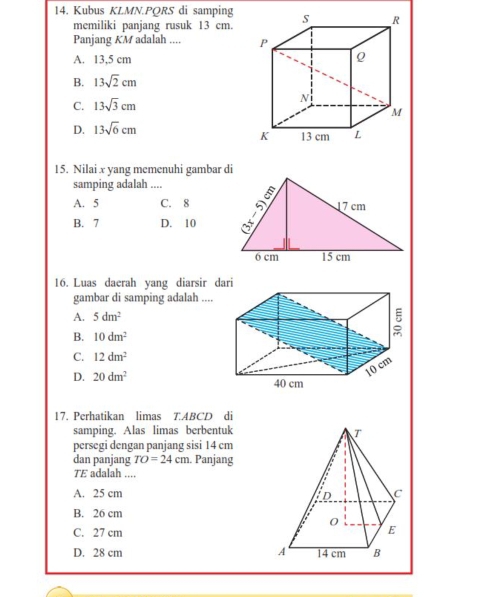 Kubus KLMN. PQRS di samping
memiliki panjang rusuk 13 cm.
Panjang KM adalah ....
A. 13,5 cm
B. 13sqrt(2)cm
C. 13sqrt(3)cm
D. 13sqrt(6)cm
15. Nilai x yang memenuhi gambar di
samping adalah ....
A. 5 C. 8 17 cm
B. 7 D. 10
6 cm 15 cm
16. Luas daerah yang diarsir dari
gambar di samping adalah ....
A. 5dm^2
B. 10dm^2
C. 12dm^2
D. 20dm^2
17. Perhatikan limas T. ABCD di
samping. Alas limas berbentuk
persegi dengan panjang sisi 14 cm
dan panjang TO=24cm. Panjang
TE adalah ....
A. 25 cm
B. 26 cm
C. 27 cm
D. 28 cm