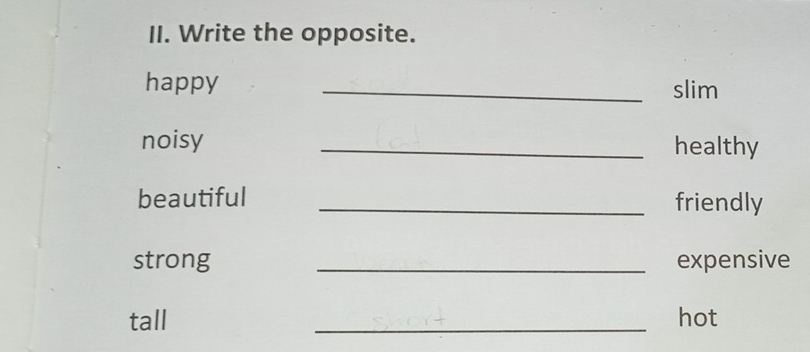 Write the opposite.
happy _slim
noisy _healthy
beautiful _friendly
strong _expensive
tall _hot