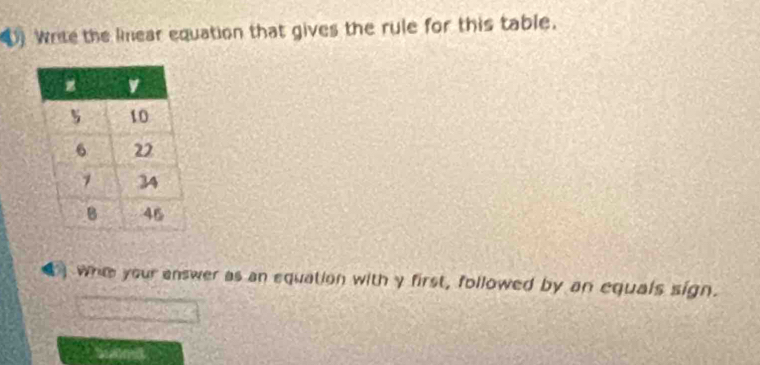 Write the liear equation that gives the rule for this table. 
whe your enswer as an equation with y first, followed by an equals sign.