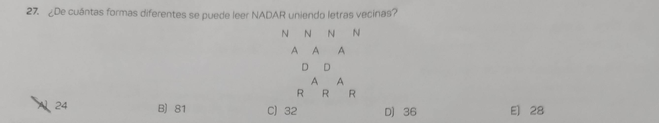 ¿De cuántas formas diferentes se puede leer NADAR uniendo letras vecinas?
N N N N
A A A
D D
A A
R R R
24 B 81 C 32 D 36 E] 28