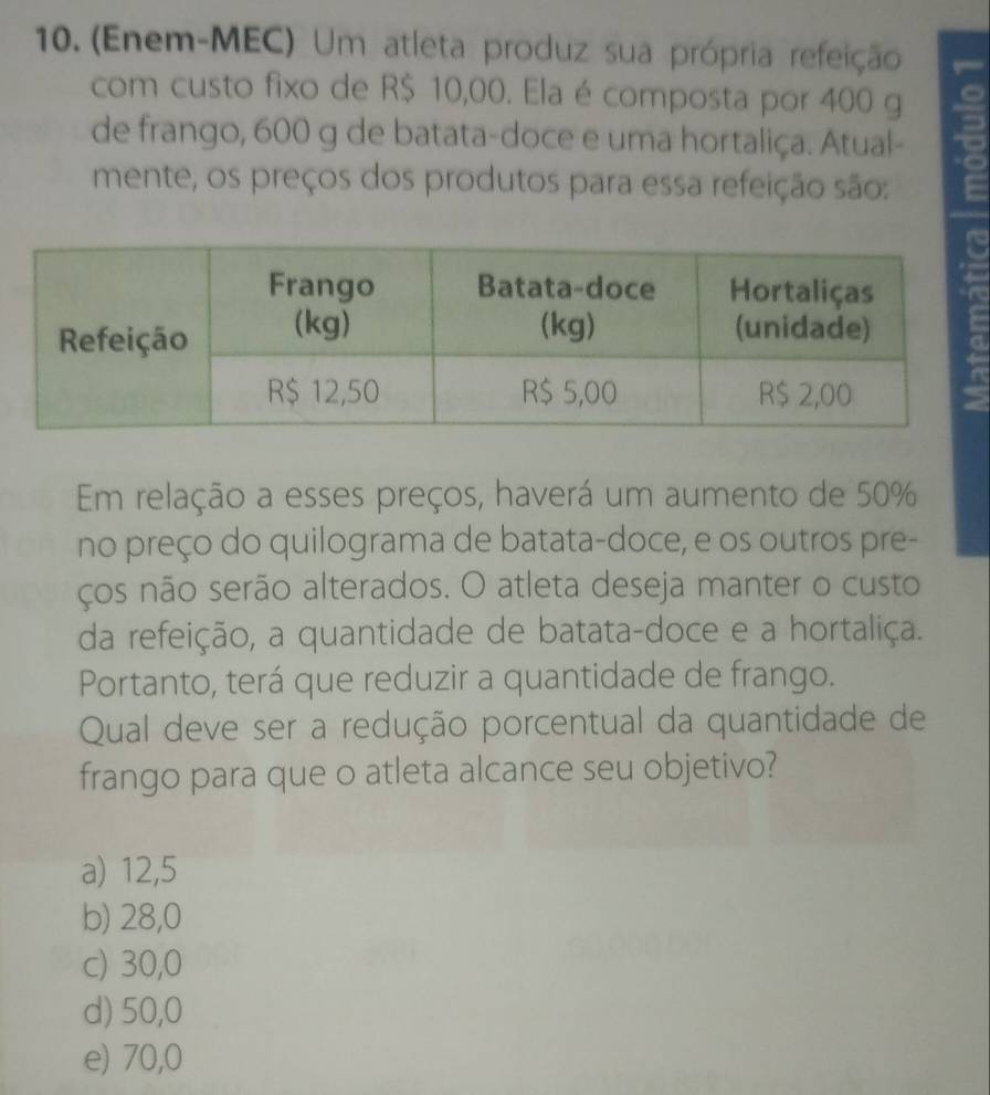 (Enem-MEC) Um atleta produz sua própria refeição
com custo fixo de R$ 10,00. Ela é composta por 400 g
de frango, 600 g de batata-doce e uma hortaliça. Atual-
mente, os preços dos produtos para essa refeição são:
Em relação a esses preços, haverá um aumento de 50%
no preço do quilograma de batata-doce, e os outros pre-
ços não serão alterados. O atleta deseja manter o custo
da refeição, a quantidade de batata-doce e a hortaliça.
Portanto, terá que reduzir a quantidade de frango.
Qual deve ser a redução porcentual da quantidade de
frango para que o atleta alcance seu objetivo?
a) 12,5
b) 28,0
c) 30,0
d) 50,0
e) 70,0