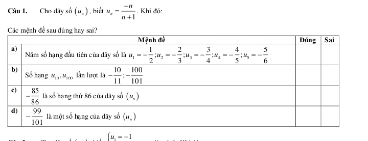 Cho dãy số (u_n) , biết u_n= (-n)/n+1 . Khi đó:
Các mệnh đề sau đúng hay sa
[u_1=-1