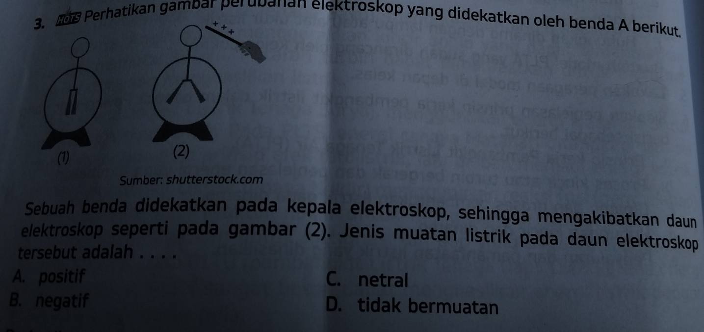 Perhatikan gambar perubanan elektroskop yang didekatkan oleh benda A berikut
(2)
Sumber: shutterstock.com
Sebuah benda didekatkan pada kepala elektroskop, sehingga mengakibatkan daun
elektroskop seperti pada gambar (2). Jenis muatan listrik pada daun elektroskop
tersebut adalah . . . .
A. positif C. netral
B. negatif D. tidak bermuatan