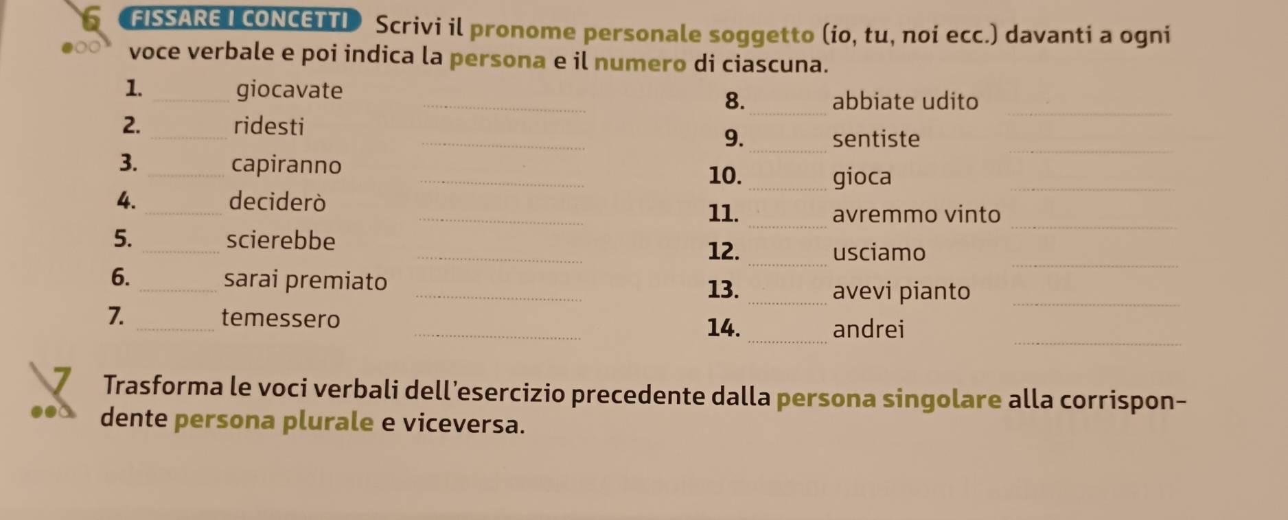 FISSARE / CONCETTI Scrivi il pronome personale soggetto (io, tu, noi ecc.) davanti a ogni 
voce verbale e poi indica la persona e il numero di ciascuna. 
_ 
_ 
1. _giocavate _8. abbiate udito 
_ 
2. ridesti 
_9. _sentiste 
3. _capiranno 
_ 
_10. _gioca_ 
_ 
4. _deciderò _11. 
avremmo vinto 
5. _scierebbe 
_ 
_ 
_12. _usciamo 
6. _sarai premiato _13._ 
avevi pianto_ 
_ 
7. _temessero __andrei 
14. 
Trasforma le voci verbali dell’esercizio precedente dalla persona singolare alla corrispon- 
dente persona plurale e viceversa.