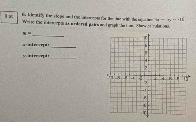 Identify the slope and the intercepts for the line with the equation 3x-5y=-15. 
Write the intercepts as ordered pairs and graph the line. Show calculations. 
_
m=
x-intercept: _ 
y-intercept:_