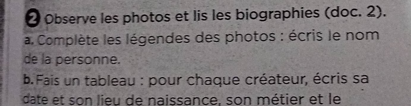 Observe les photos et lis les biographies (doc. 2). 
a. Complète les légendes des photos : écris le nom 
de la personne. 
b. Fais un tableau : pour chaque créateur, écris sa 
date et son lieu de naissance, son métier et le