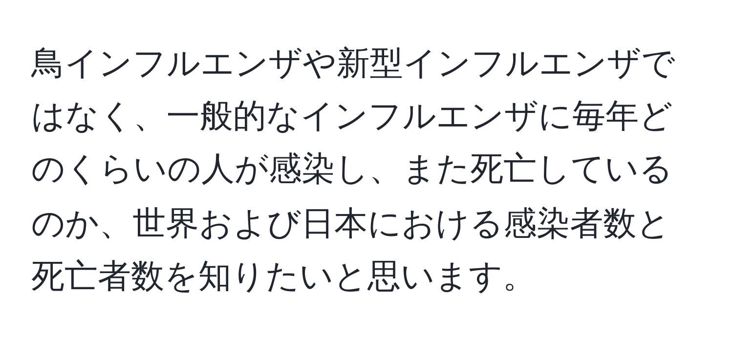 鳥インフルエンザや新型インフルエンザではなく、一般的なインフルエンザに毎年どのくらいの人が感染し、また死亡しているのか、世界および日本における感染者数と死亡者数を知りたいと思います。