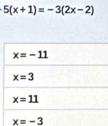 · 5(x+1)=-3(2x-2)
x=-3