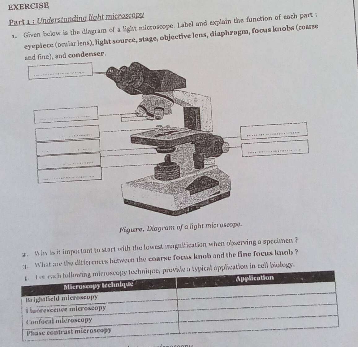 Solved: EXERCISE Part 1 : Understanding light microscopy 1. Given below ...