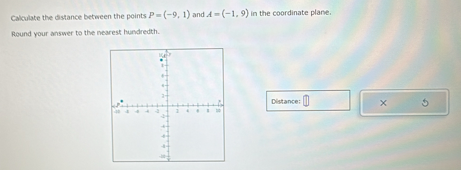 Calculate the distance between the points P=(-9,1) and A=(-1,9) in the coordinate plane. 
Round your answer to the nearest hundredth. 
Distance: 
×