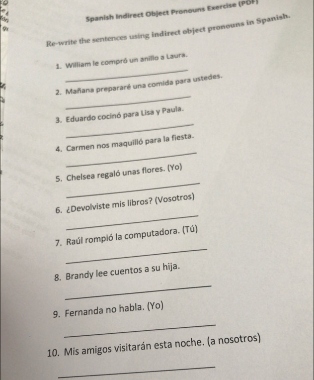 Solved: a Spanish Indirect Object Pronouns Exercise (PDF) lón Re-write ...