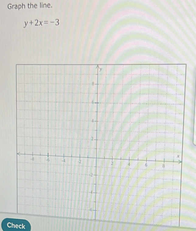 Graph the line.
y+2x=-3
Check