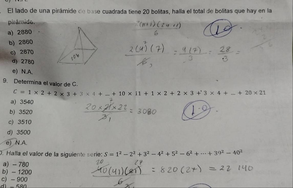 Resuelto:El lado de una pirámide de base cuadrada tiene 20 bolitas ...