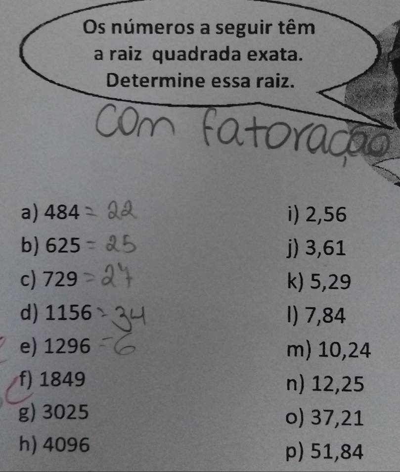 Os números a seguir têm
a raiz quadrada exata.
Determine essa raiz.
a) 484 i) 2,56
b) 625 j) 3,61
c) 729 k) 5,29
d) 1156 1) 7,84
e) 1 296 m) 10,24
f) 1849 n) 12,25
g) 3025
o) 37,21
h) 4096
p) 51,84