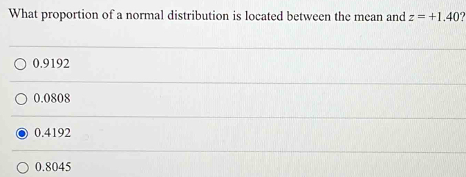 What proportion of a normal distribution is located between the mean and z=+1.40
0.9192
0.0808
0.4192
0.8045