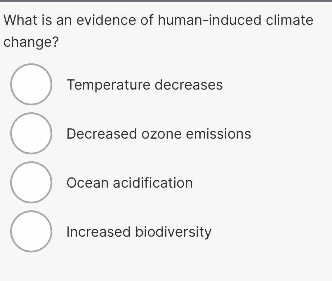 What is an evidence of human-induced climate
change?
Temperature decreases
Decreased ozone emissions
Ocean acidification
Increased biodiversity