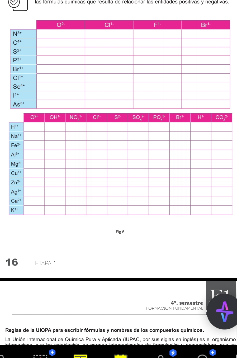 las fórmulas químicas que resulta de relacionar las entidades positivas y negativas.
Fig.5.
16 ETAPA 1
4°. semestre
FORMACIÓN FUNDAMENTAL
Reglas de la UIQPA para escribir fórmulas y nombres de los compuestos químicos.
La Unión Internacional de Química Pura y Aplicada (IUPAC, por sus siglas en inglés) es el organismo
_