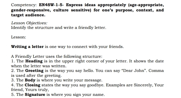Solved: Competency: EN4SW-1-5- Express ideas appropriately (age ...