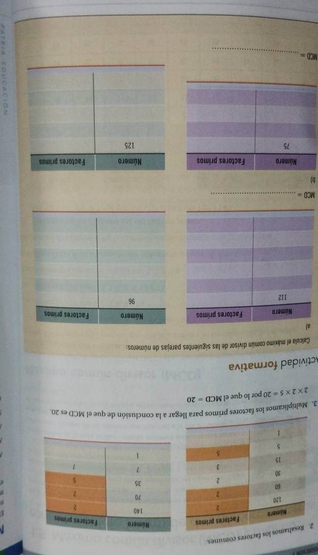 factores comunes. 
3. Multiplicamos los factores primos para llegar a la conclusión de que el MCD es 20.
2* 2* 5=20 por lo que el MCD=20
Actividad formativa 
Calcula el máximo común divisor de las siguientes parejas de números:
MCD= _ 
b)
MCD=
_