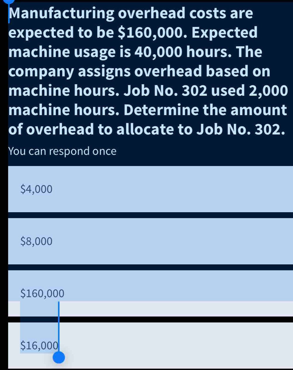 Manufacturing overhead costs are
expected to be $160,000. Expected
machine usage is 40,000 hours. The
company assigns overhead based on
machine hours. Job No. 302 used 2,000
machine hours. Determine the amount
of overhead to allocate to Job No. 302.
You can respond once
$4,000
$8,000
$160,000
$16,000