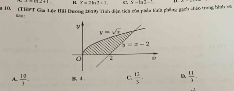 3=ln 2+1. B. S=2ln 2+1. C. S=ln 2-1. D. B-2
u 10. (THPT Gia Lộc Hải Dương 2019) Tính diện tích của phần hình phẳng gạch chéo trong hình vẽ
sau:
D.
A.  10/3 . B. 4 . C.  13/3 .  11/3 .
2