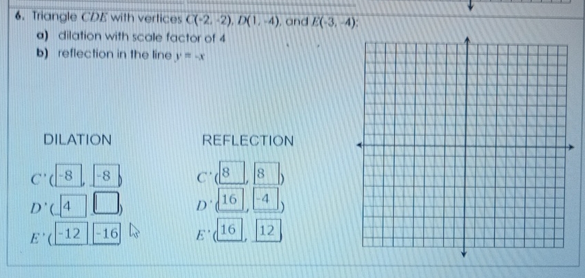 Triangle CDE with vertices C(-2,-2), D(1,-4) , and E(-3,-4)
a) dilation with scale factor of 4
b) reflection in the line y=-x
DILATION REFLECTION
C' -8 -8 c 8 8 D
D'( 4 D' 16 -4
E' ( -12 -16 E'( 16 12