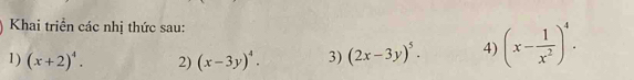 Khai triển các nhị thức sau: 
1) (x+2)^4. 2) (x-3y)^4. 3) (2x-3y)^5. 4) (x- 1/x^2 )^4.