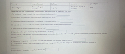 term that corresponds to each definition. Some terms may be used me. 
t. The solution of a linear inequality that does not include the boundary line x_1+x_2= □ /□  
a. Two or more inequaities that are connected by the words "and" or "or □
3. The solution of a two-variable linear inequality that includes the boundary fine □ 
4. If each side of a true inequarity is divided by a positive number, the resuting inequality is also true □ 
5. The graph of a compound inequality confairing "evi □ 
6. The region of the graph of an inequality on one sise of a boundary □
7 if each sine of a true inequality is muripled by a negative number, then the direction of the inequality symbol must be reversed to mase the resulting inequetly 
aso true □ 
8. The edge of the graph of a two-venabile inequality that seperates the cooroinate plane into regions □
9. A mathematical sendence that contains the symbol for less than, greater than, less than or equal to, greater than or equal to, or not equal to 
□ 
10. The graph of a compound inequality containing "or" □