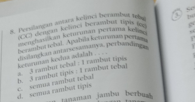 So
8. Persilangan antara kelinci berambut teba
3.
g
(CC) dengan kelinci berambut tipis (cc) bi
menghasilkan keturunan pertama kelinci
berambut tebal. Apabila keturnnan pertama
P
disilangkan antarsesamanya, perbandingan
1
keturunan kedua adalah . . . .
a. 3 rambut tebal : 1 rambut tipis
b. 3 rambut tipis : 1 rambut tebal
c. semua rambut tebal
d. semua rambut tipis
ranaman jambu berbuh