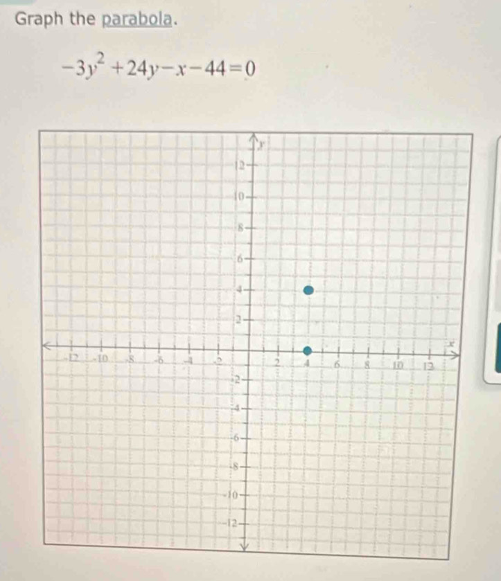 Graph the parabola.
-3y^2+24y-x-44=0