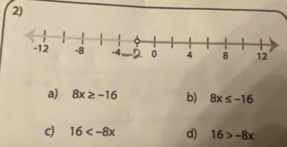 a) 8x≥ -16 b) 8x≤ -16
c) 16 d) 16>-8x