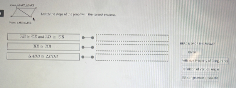 Match the steps of the proof with the correct reasons.
Prove: △ABD≌ABCD
overline AB≌ overline CD (1t) overline AD≌ overline CB
DRAG & DROP THE ANSWER
overline BD≌ overline DB
Given
△ ABD≌ △ CDB
Reflexive Property of Congurence
Definition of Vertical Angle
SSS congruence postulate