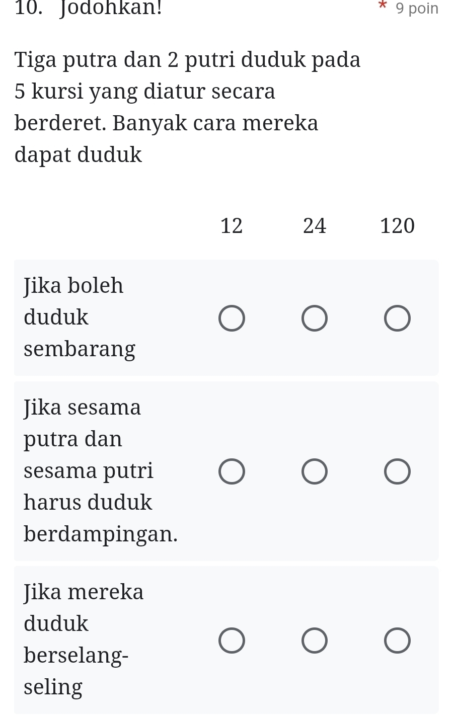 Jodohkan! 9 poin
Tiga putra dan 2 putri duduk pada
5 kursi yang diatur secara
berderet. Banyak cara mereka
dapat duduk
24
12 120
Jika boleh
duduk
sembarang
Jika sesama
putra dan
sesama putri
harus duduk
berdampingan.
Jika mereka
duduk
berselang-
seling